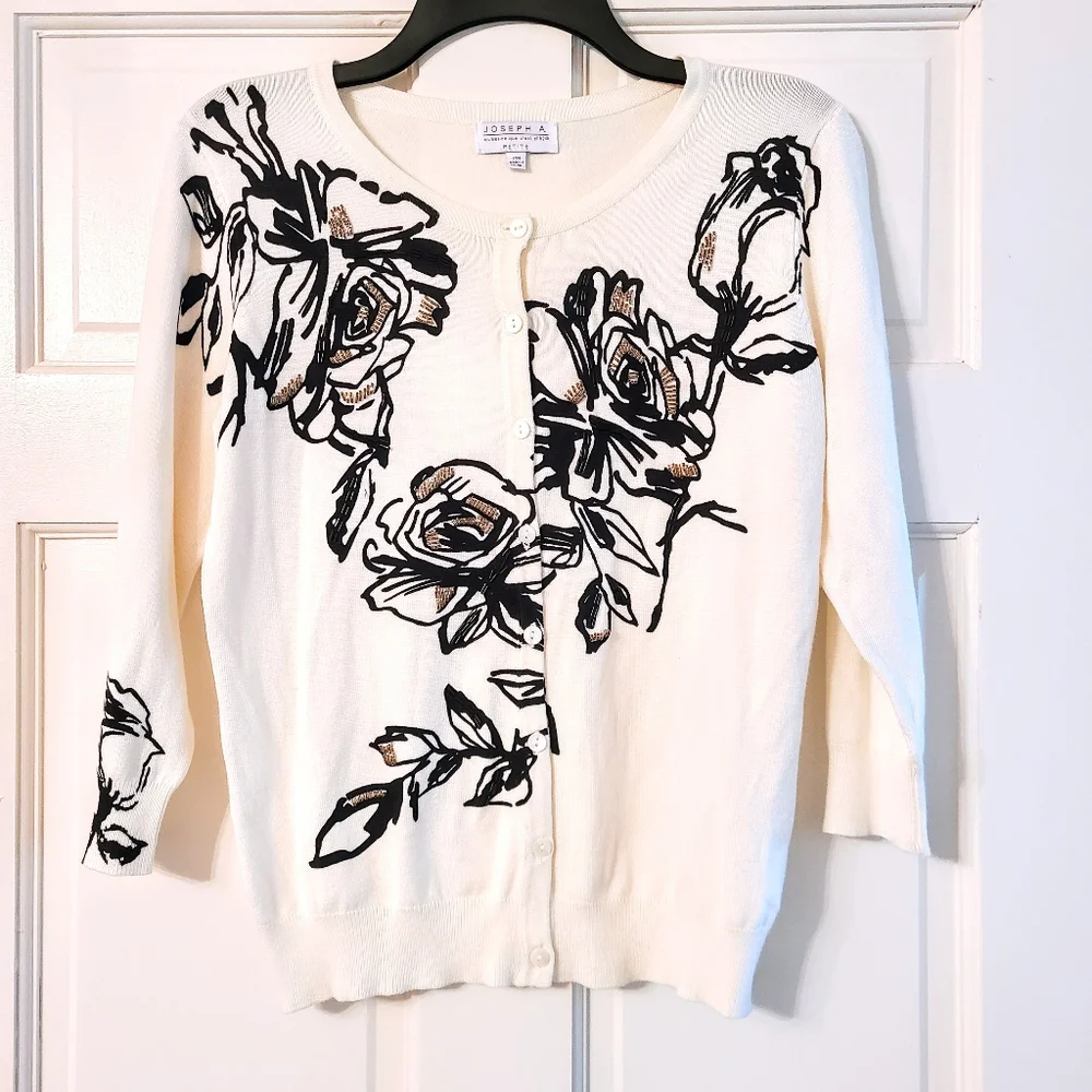 Joseph A. Creamy White Button-Up Sweater w/ Black Floral & Gold Beaded Design - Picture 1 of 7